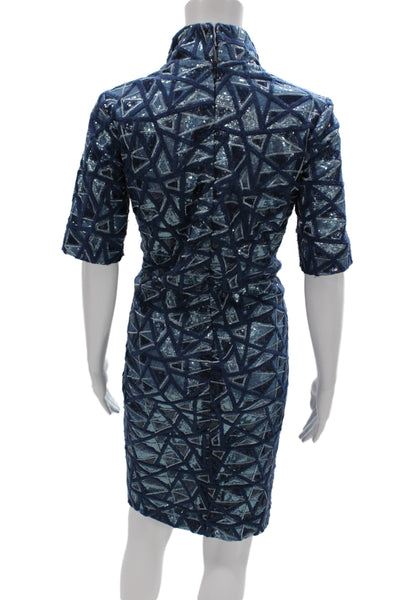 Marc Bouwer Womens Sheath Dress Blue Sequin V-Neck Short Sleeve Mid-Calf Size S