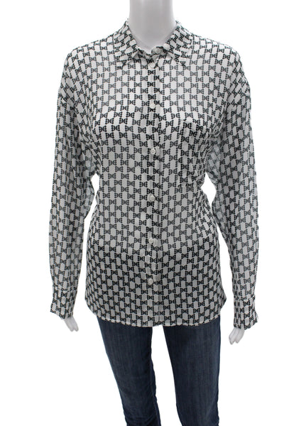 Three Dots Womens Black Geometric Collared Microfiber Blouse Long Sleeve Size M