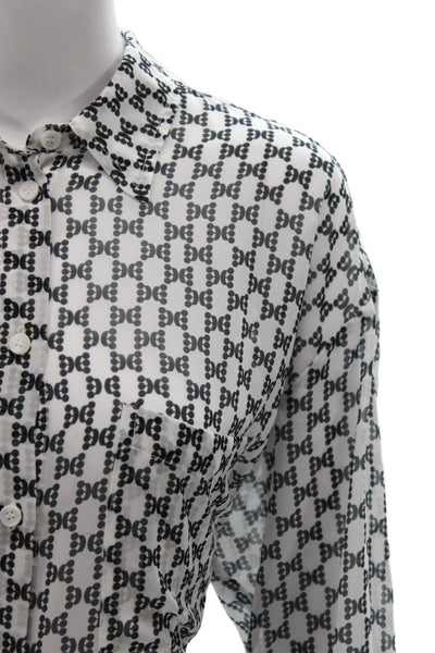 Three Dots Womens Black Geometric Collared Microfiber Blouse Long Sleeve Size M
