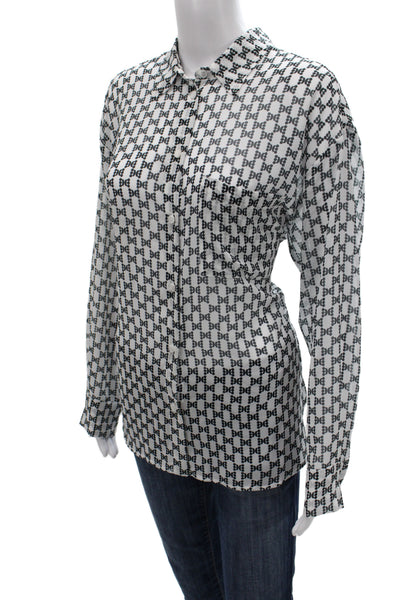 Three Dots Womens Black Geometric Collared Microfiber Blouse Long Sleeve Size M