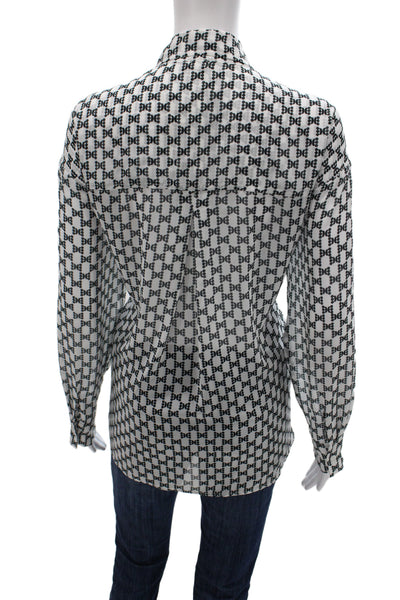 Three Dots Womens Black Geometric Collared Microfiber Blouse Long Sleeve Size M