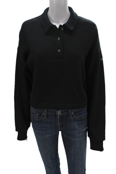 Alo Womens Cropped Polo Collared Long Sleeve Black Cotton Athleisure Size M