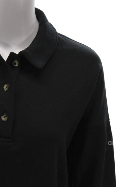Alo Womens Cropped Polo Collared Long Sleeve Black Cotton Athleisure Size M