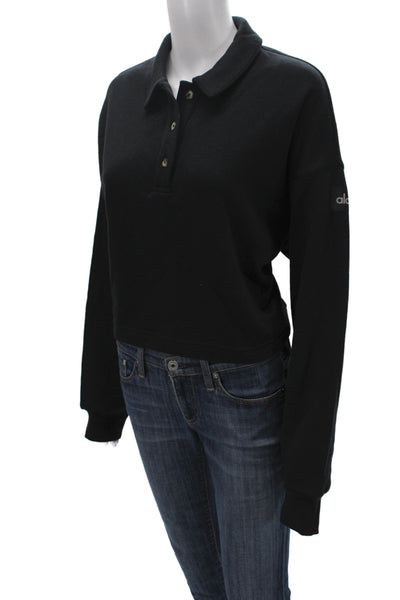 Alo Womens Cropped Polo Collared Long Sleeve Black Cotton Athleisure Size M