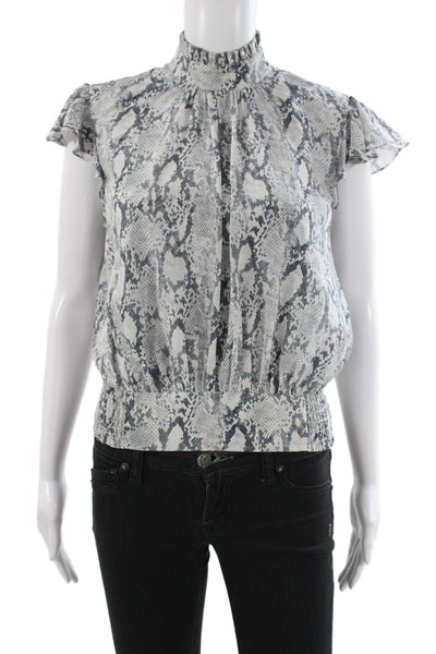 Frame Women Silk Animal Print Mock Neck Short Sleeve Blouse Gray Size XS