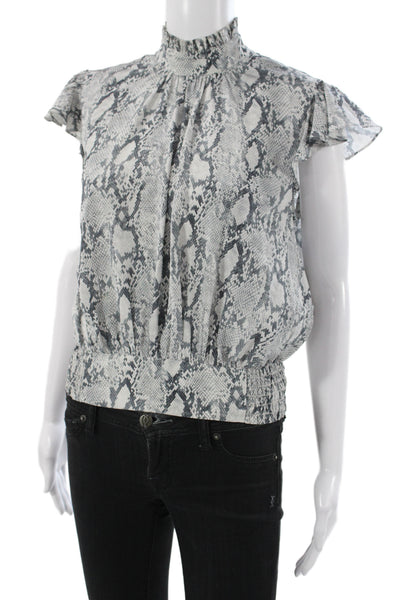 Frame Women Silk Animal Print Mock Neck Short Sleeve Blouse Gray Size XS