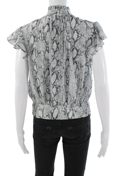 Frame Women Silk Animal Print Mock Neck Short Sleeve Blouse Gray Size XS