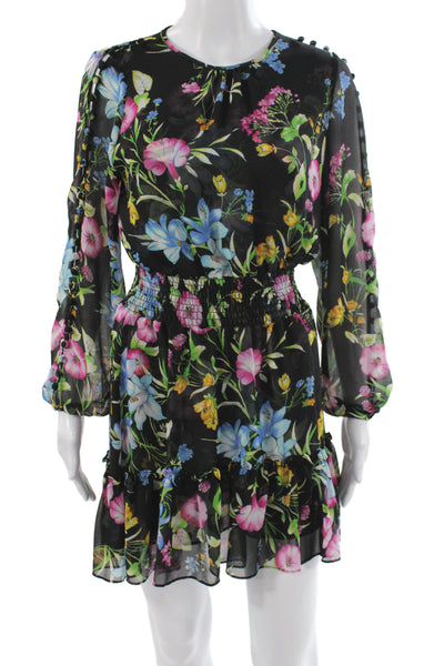 Misa Womens Black Floral Mini Dress Long Sleeve Round Neck Polyester Size XS