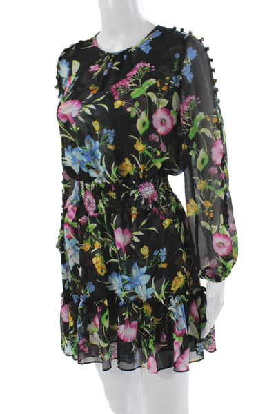 Misa Womens Black Floral Mini Dress Long Sleeve Round Neck Polyester Size XS