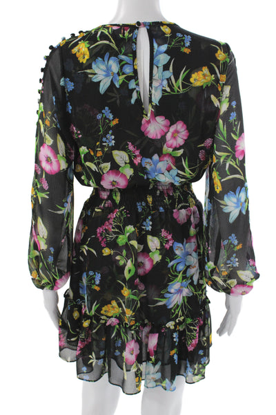 Misa Womens Black Floral Mini Dress Long Sleeve Round Neck Polyester Size XS
