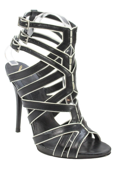 Brian Atwood Womens Leather Strappy Stiletto Heels Black White Size 7