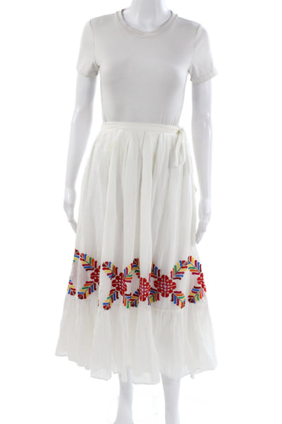 Carolina K Women Peasant White Cotton Geometric Midi Skirt Zip Bohemian Size XS