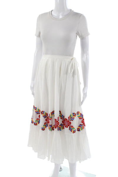 Carolina K Women Peasant White Cotton Geometric Midi Skirt Zip Bohemian Size XS