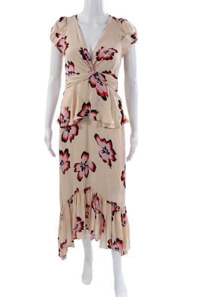 A.L.C. Womens Beige Silk V Neck Midi Dress Floral Short Sleeve Size 2
