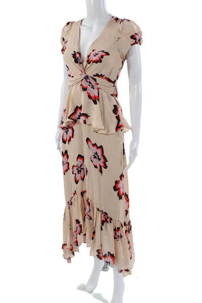 A.L.C. Womens Beige Silk V Neck Midi Dress Floral Short Sleeve Size 2