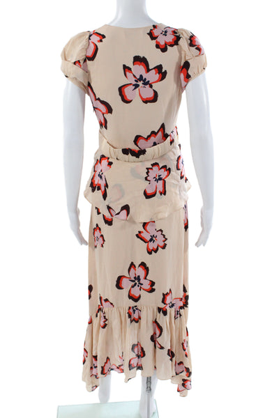 A.L.C. Womens Beige Silk V Neck Midi Dress Floral Short Sleeve Size 2