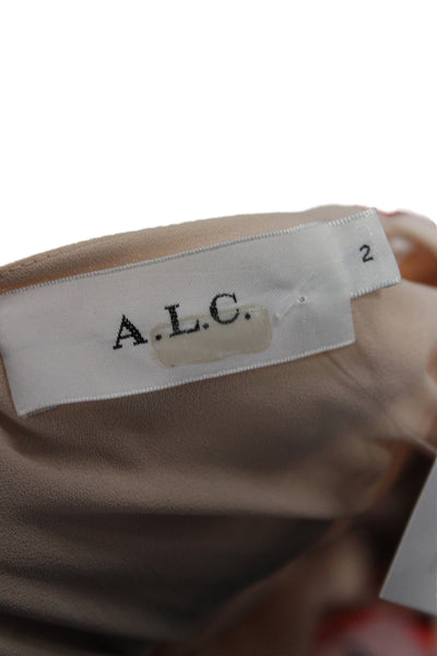 A.L.C. Womens Beige Silk V Neck Midi Dress Floral Short Sleeve Size 2