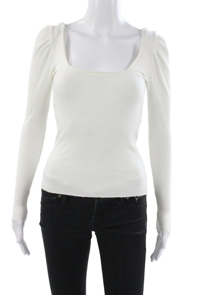 The Range Womens Basic Ribbed Knit Square Neck Long Sleeve Blouse White Size XS