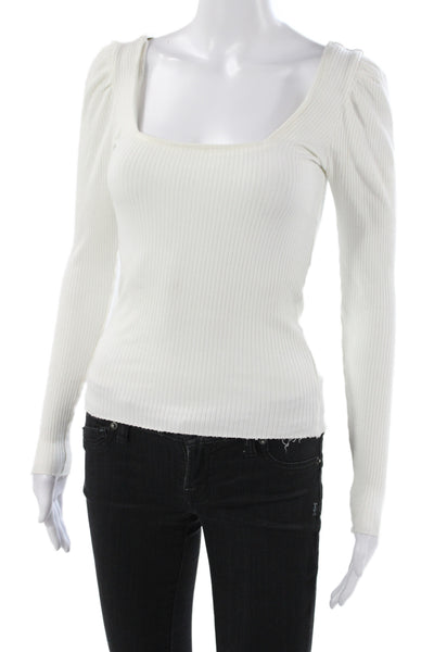 The Range Womens Basic Ribbed Knit Square Neck Long Sleeve Blouse White Size XS