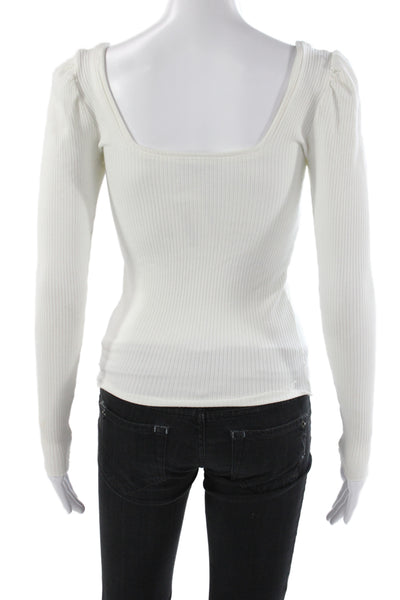 The Range Womens Basic Ribbed Knit Square Neck Long Sleeve Blouse White Size XS