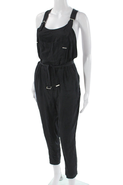 Robert Rodriguez Womens Black Silk Sleeveless Scoop Neck Buckle Jumpsuit Size 8