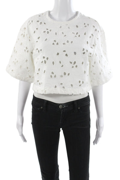 Habitual Women Cropped Blouse White Short Sleeve Round Neck Size XS