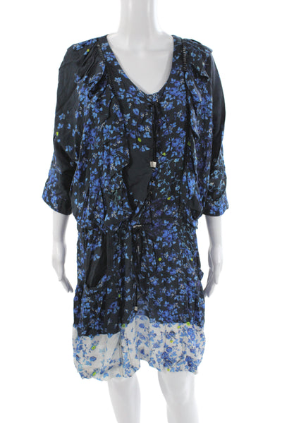 Preen Line Women Silk Blouson Floral V-Neck Short Dress 3/4 Sleeve Black Size S