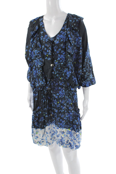 Preen Line Women Silk Blouson Floral V-Neck Short Dress 3/4 Sleeve Black Size S