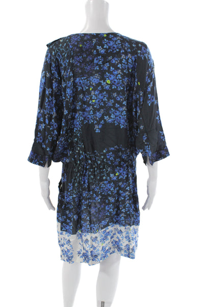 Preen Line Women Silk Blouson Floral V-Neck Short Dress 3/4 Sleeve Black Size S