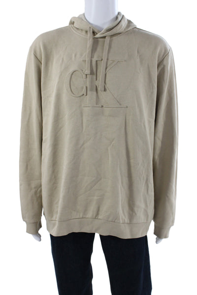 Calvin Klein Mens Pullover Hoodie Beige Cotton Drawstring Crewneck Size XL