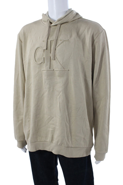 Calvin Klein Mens Pullover Hoodie Beige Cotton Drawstring Crewneck Size XL