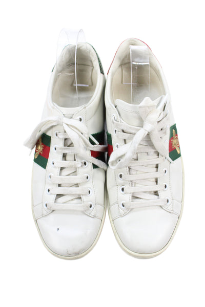 Gucci Womens Leather Embroidered Low Top Sneakers White Size 37.5 7.5