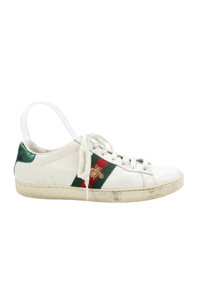 Gucci Womens Leather Embroidered Low Top Sneakers White Size 37.5 7.5