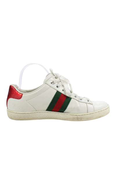 Gucci Womens Leather Embroidered Low Top Sneakers White Size 37.5 7.5