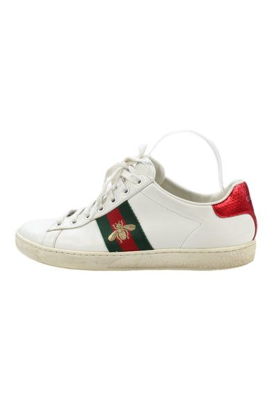 Gucci Womens Leather Embroidered Low Top Sneakers White Size 37.5 7.5