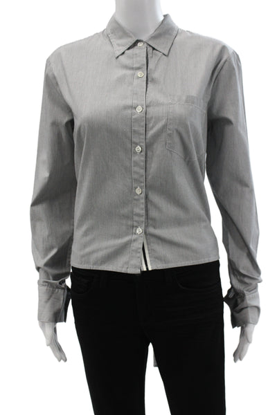 Also Women Striped Collared Button-Up Long Sleeve Cotton Top Basic Size M