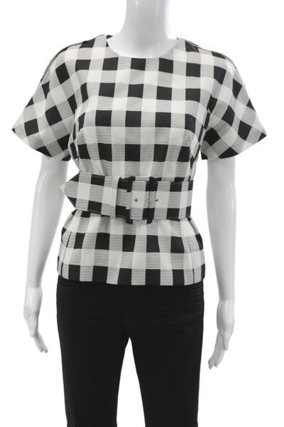 Derek Lam Women Basic Check Blouse Black Short Sleeve Zip Round Neck Size 2