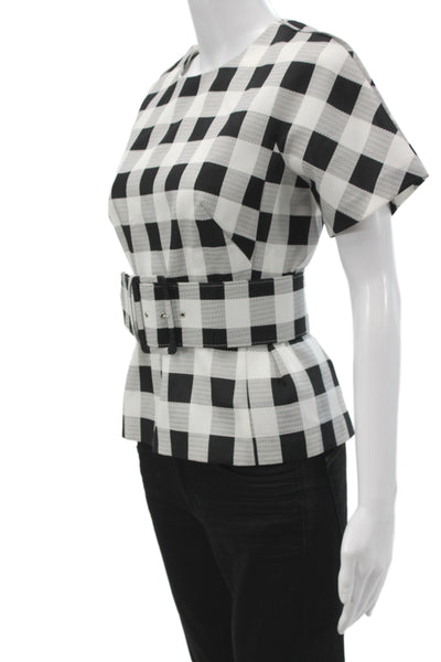 Derek Lam Women Basic Check Blouse Black Short Sleeve Zip Round Neck Size 2