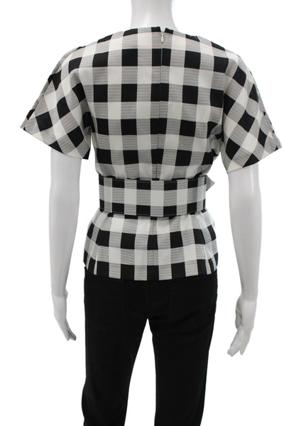 Derek Lam Women Basic Check Blouse Black Short Sleeve Zip Round Neck Size 2