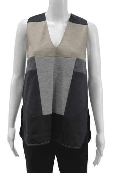 Derek Lam Women V-Neck Colorblock Sleeveless Basic Tank Beige Wool Size 0