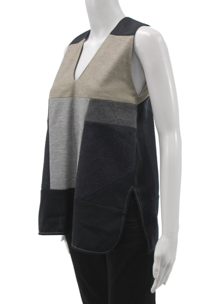 Derek Lam Women V-Neck Colorblock Sleeveless Basic Tank Beige Wool Size 0