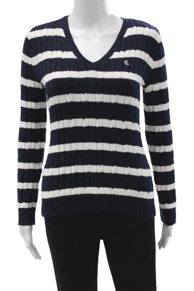 Lauren Ralph Lauren Women V-Neck Striped Cotton Pullover Sweater Blue Size PXS