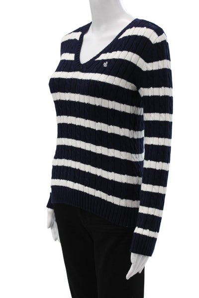 Lauren Ralph Lauren Women V-Neck Striped Cotton Pullover Sweater Blue Size PXS