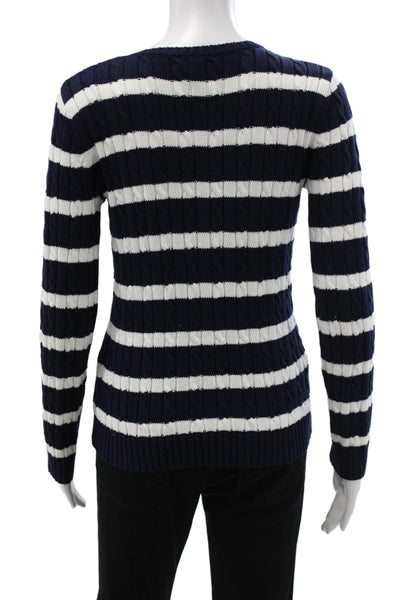 Lauren Ralph Lauren Women V-Neck Striped Cotton Pullover Sweater Blue Size PXS