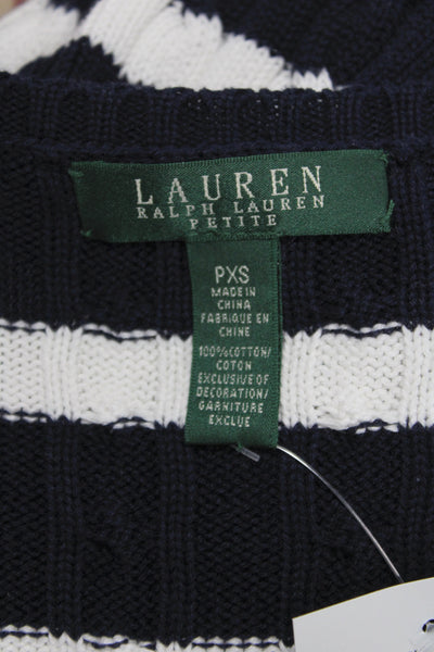 Lauren Ralph Lauren Women V-Neck Striped Cotton Pullover Sweater Blue Size PXS