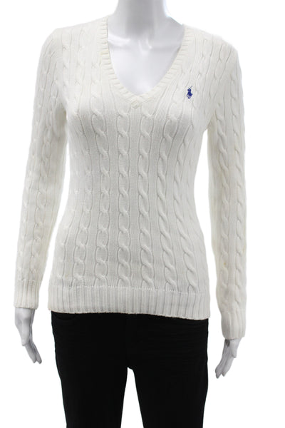 Ralph Lauren Blue Label Women White Cotton V-Neck Pullover Sweater Size S