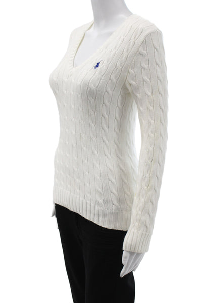 Ralph Lauren Blue Label Women White Cotton V-Neck Pullover Sweater Size S