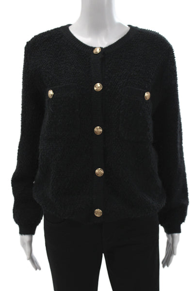 Line And Dot Womens Cardigan Black Button Long Sleeve Round Neck Size M