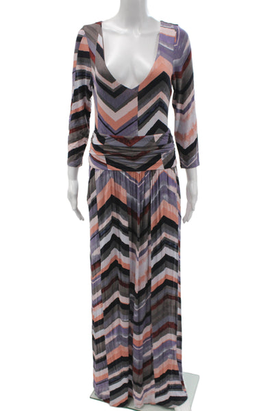 Maeve Anthropologie Women Maxi Dress Multicolor Chevron VNeck 3/4 Sleeve Size M