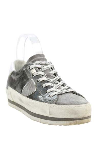 Philippe Model Womens Logo Shimmer Leather Platform Sneakers Silver Size 38